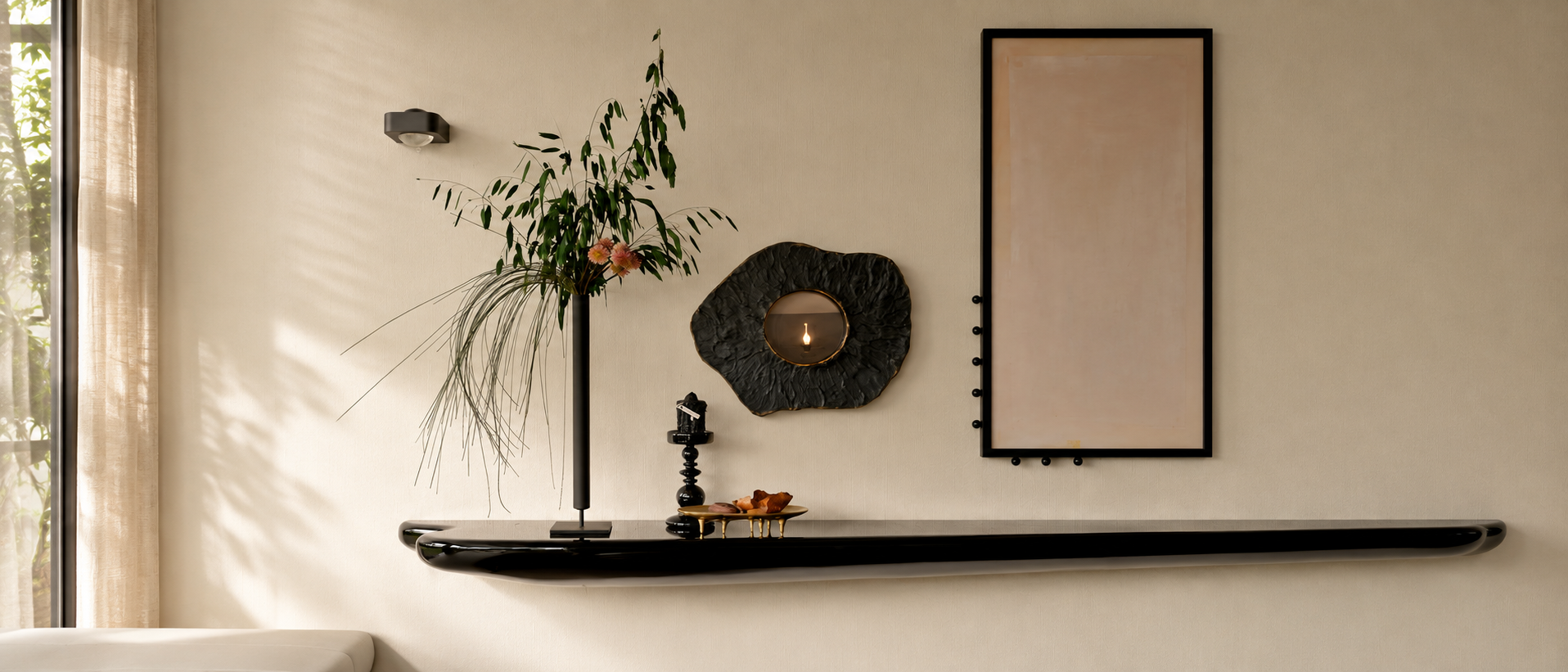 Sculptural accents styled in a warm interior